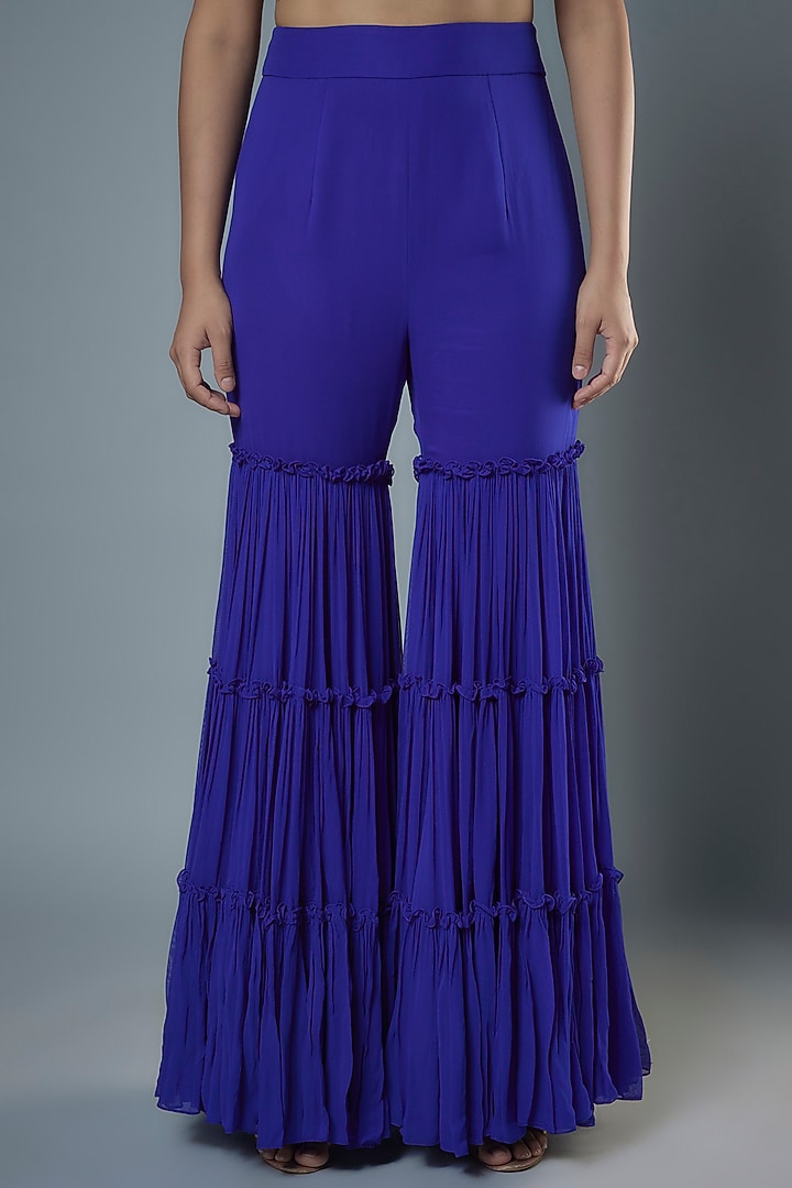 Royal Blue Georgette & Raw Silk Sequins Embroidered Cape Set by Kresha Lulla at Pernia's Pop Up Shop