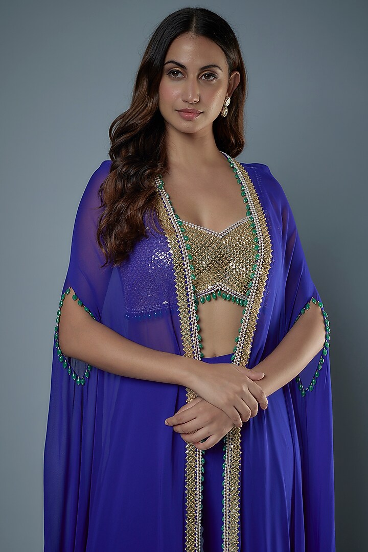 Royal Blue Georgette & Raw Silk Sequins Embroidered Cape Set by Kresha Lulla at Pernia's Pop Up Shop