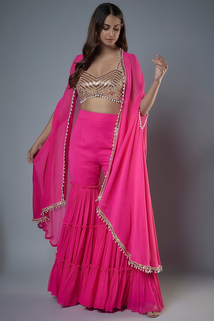 Fuchsia Pink Georgette & Raw Silk Sequins Embroidered Cape Set by Kresha Lulla at Pernia's Pop Up Shop