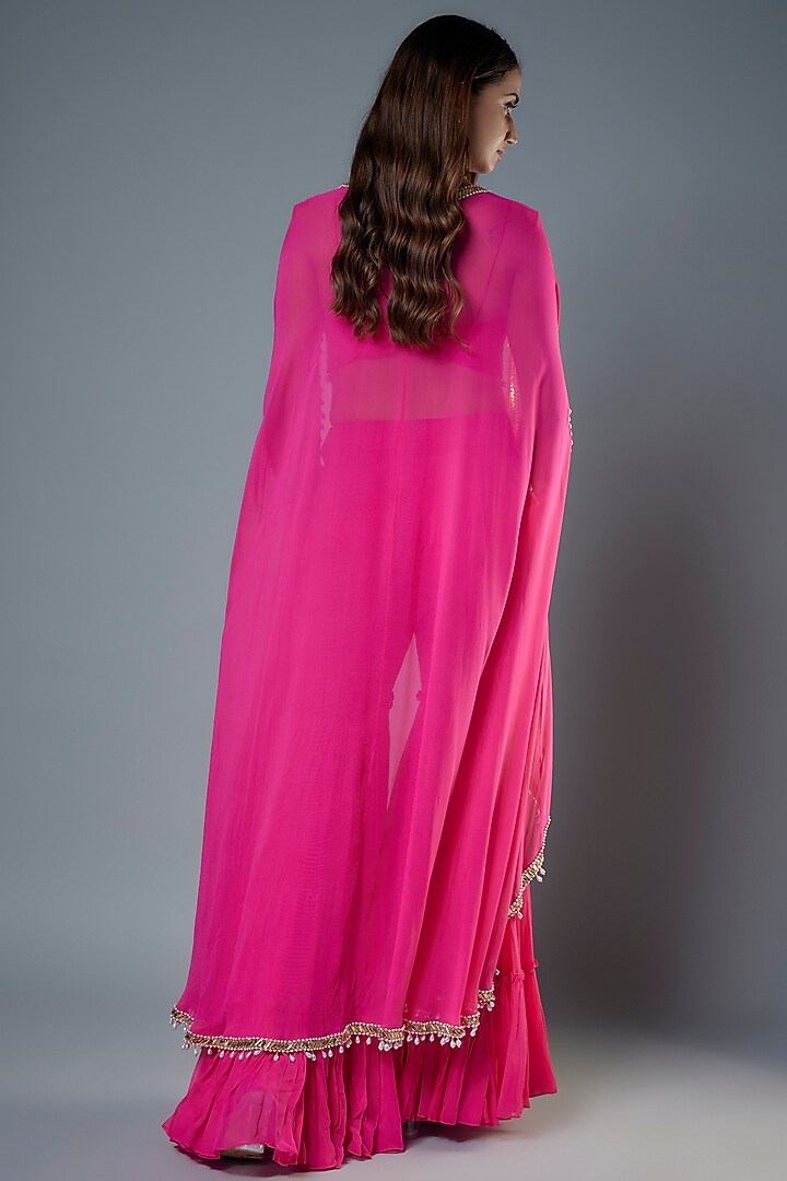 Fuchsia Pink Georgette & Raw Silk Sequins Embroidered Cape Set by Kresha Lulla at Pernia's Pop Up Shop
