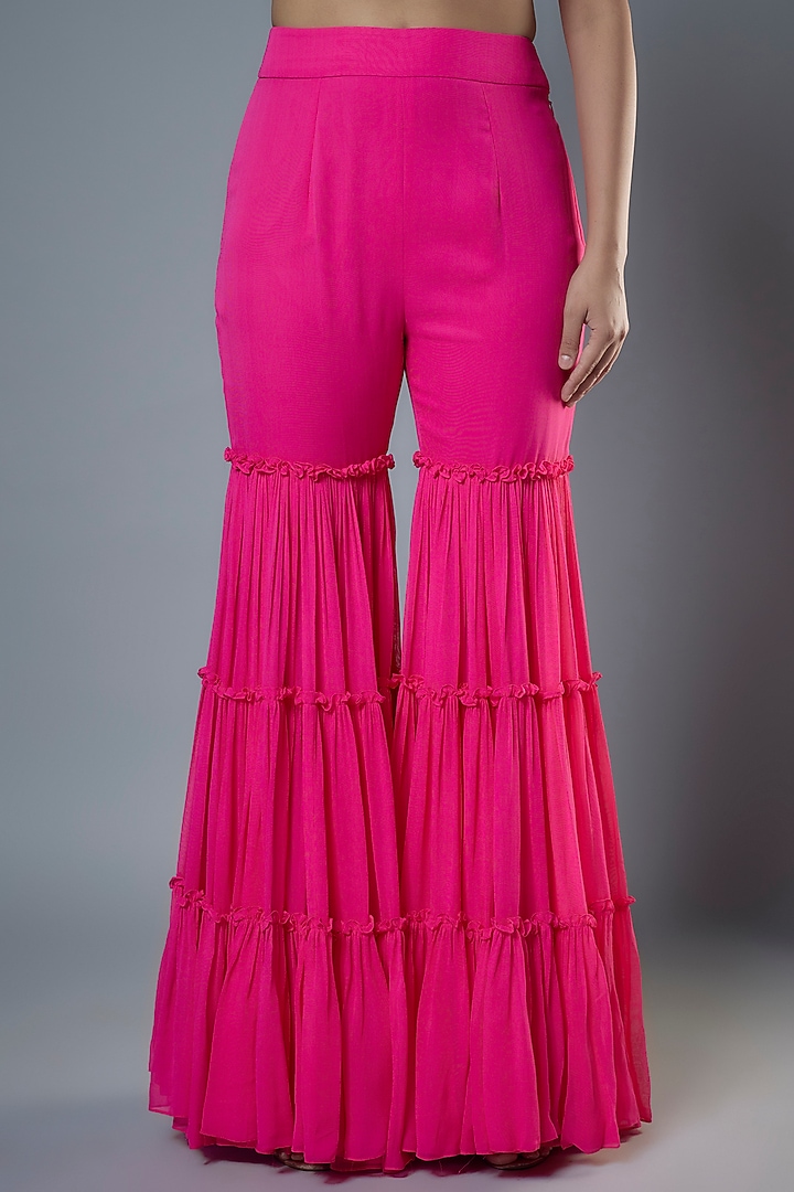 Fuchsia Pink Georgette & Raw Silk Sequins Embroidered Cape Set by Kresha Lulla at Pernia's Pop Up Shop