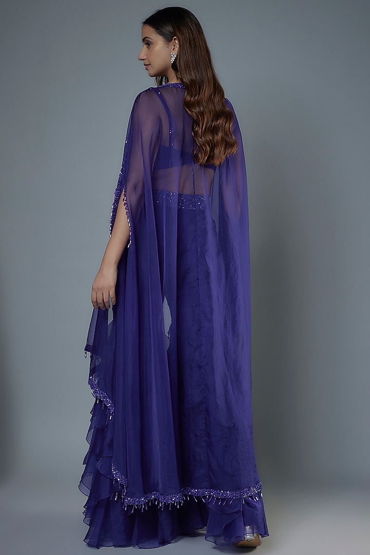 Midnight Blue Organza & Raw Silk Sequins Embroidered Cape Set by Kresha Lulla at Pernia's Pop Up Shop