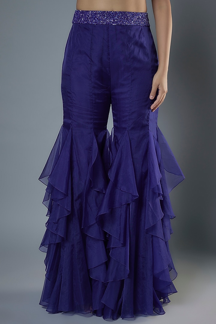Midnight Blue Organza & Raw Silk Sequins Embroidered Cape Set by Kresha Lulla at Pernia's Pop Up Shop