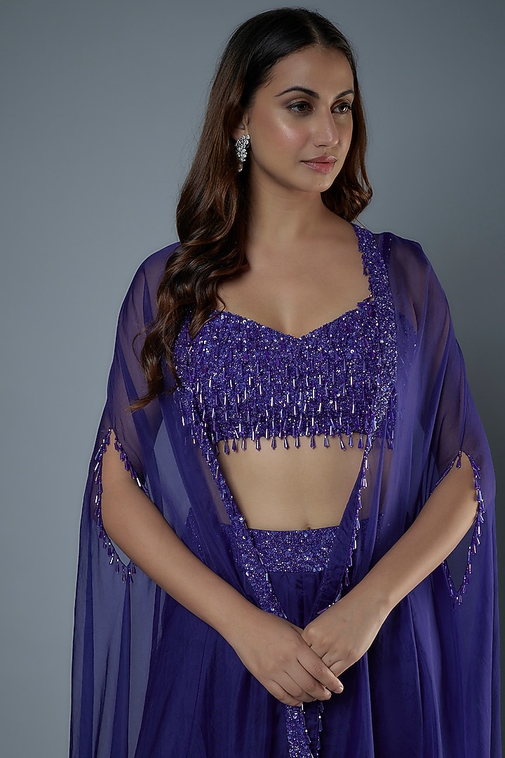 Midnight Blue Organza & Raw Silk Sequins Embroidered Cape Set by Kresha Lulla at Pernia's Pop Up Shop