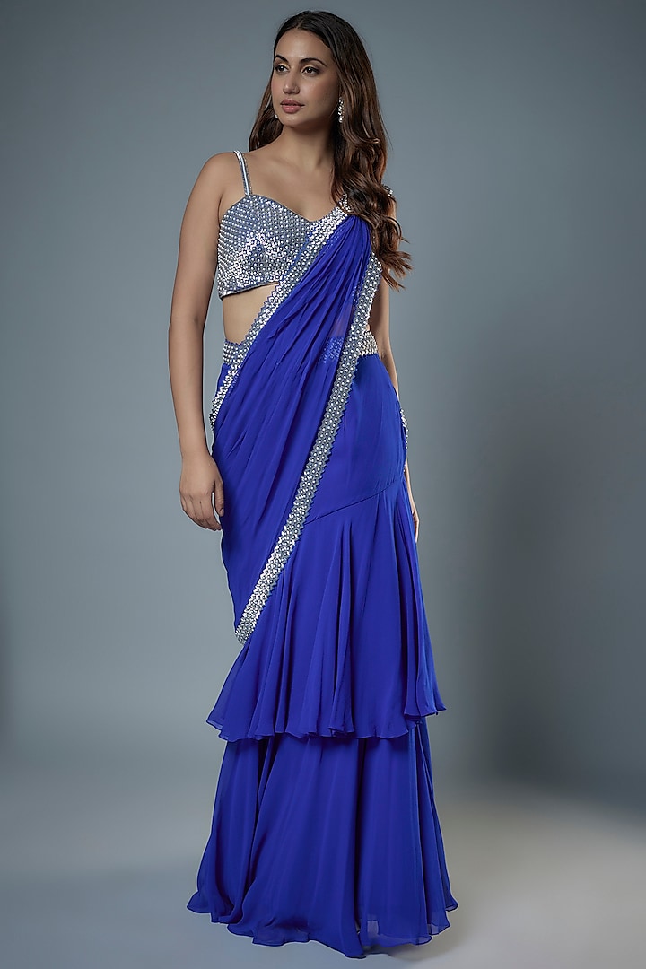 Royal Blue Georgette & Raw Silk Zari Embroidered Saree Set by Kresha Lulla at Pernia's Pop Up Shop