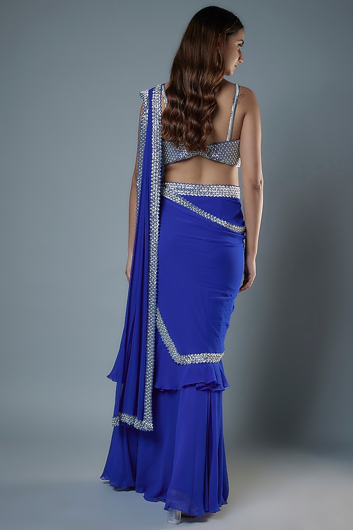 Royal Blue Georgette & Raw Silk Zari Embroidered Reception Saree Set by Kresha Lulla at Pernia's Pop Up Shop