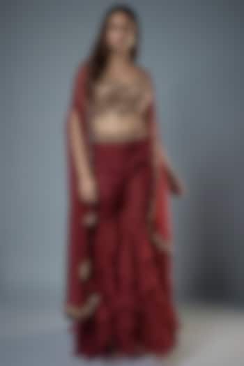 Maroon Organza & Raw Silk Beads Embroidered Cape Set by Kresha Lulla at Pernia's Pop Up Shop