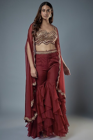 Maroon Organza & Raw Silk Beads Embroidered Cape Set by Kresha Lulla