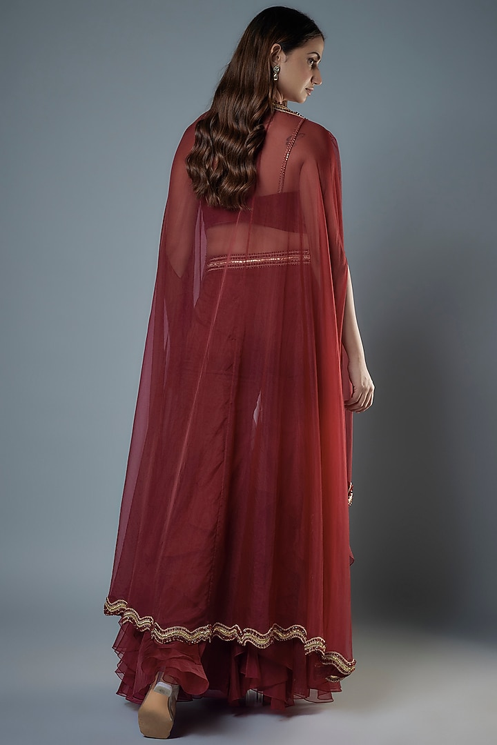 Maroon Organza & Raw Silk Beads Embroidered Cape Set by Kresha Lulla at Pernia's Pop Up Shop