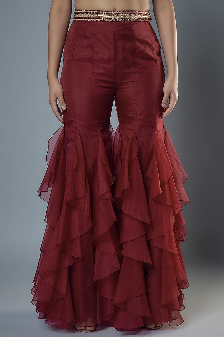 Maroon Organza & Raw Silk Beads Embroidered Cape Set by Kresha Lulla at Pernia's Pop Up Shop