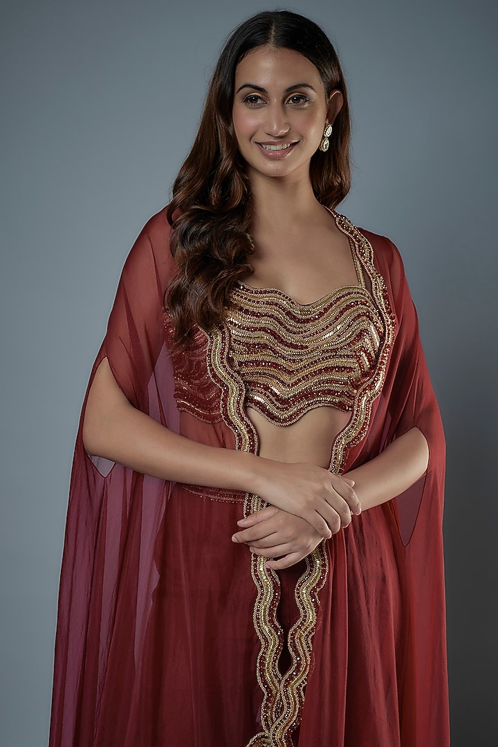 Maroon Organza & Raw Silk Beads Embroidered Cape Set by Kresha Lulla at Pernia's Pop Up Shop