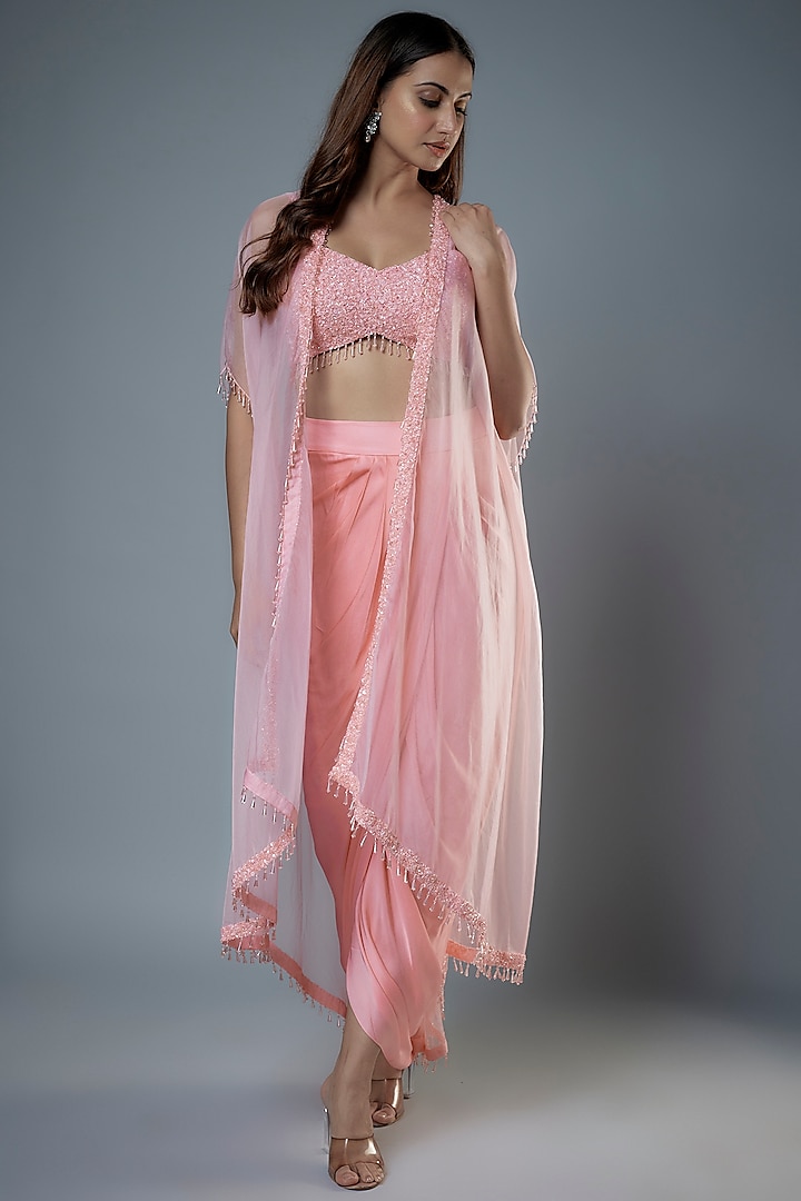 Blush Pink Organza Sequins Embroidered Cape Set by Kresha Lulla at Pernia's Pop Up Shop