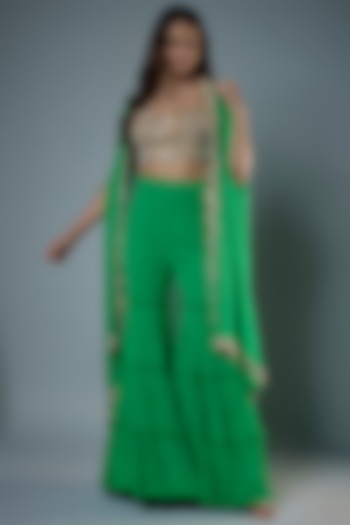 Green Georgette & Raw Silk Beads Embroidered Cape Set by Kresha Lulla at Pernia's Pop Up Shop