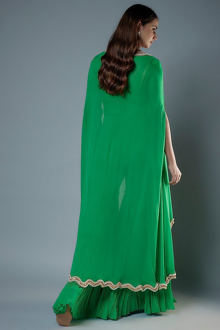 Green Georgette & Raw Silk Beads Embroidered Cape Set by Kresha Lulla at Pernia's Pop Up Shop