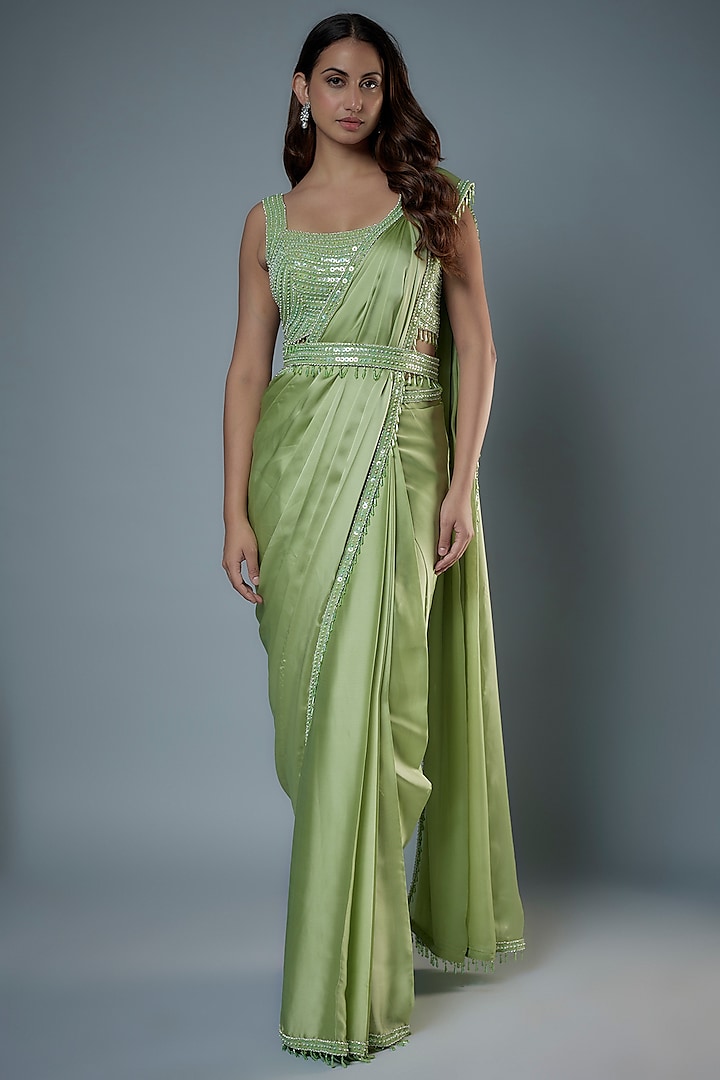 Pista Green Satin Sequins Embroidered Saree Set by Kresha Lulla at Pernia's Pop Up Shop