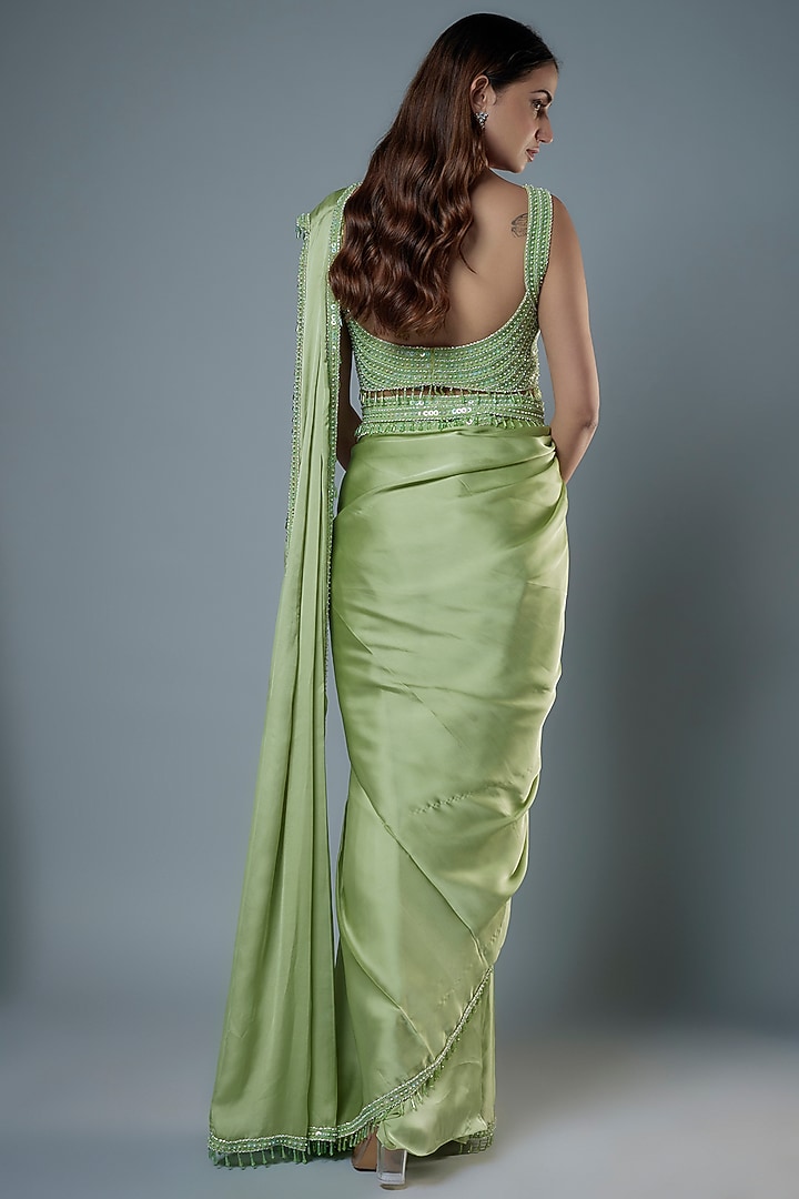 Pista Green Satin Sequins Embroidered Reception Saree Set by Kresha Lulla at Pernia's Pop Up Shop