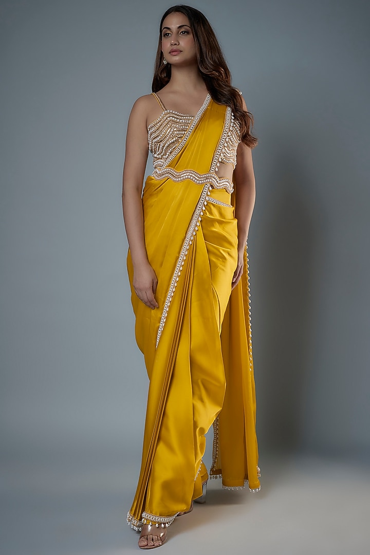 Mustard Satin Beads Embroidered Reception Saree Set by Kresha Lulla at Pernia's Pop Up Shop