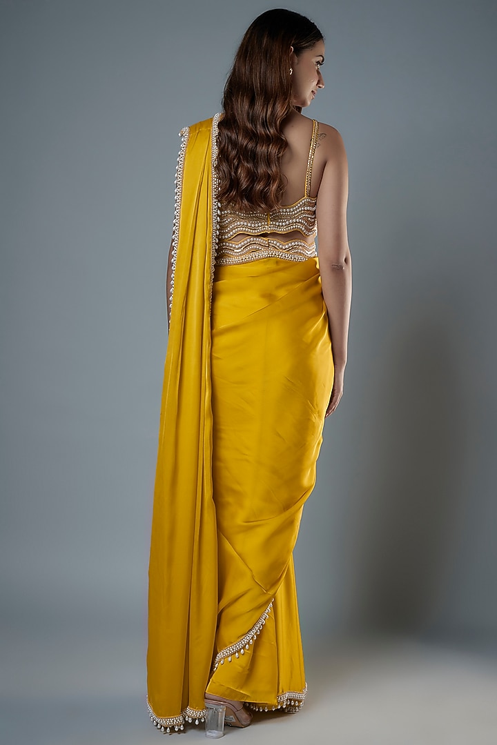 Mustard Satin Beads Embroidered Reception Saree Set by Kresha Lulla at Pernia's Pop Up Shop