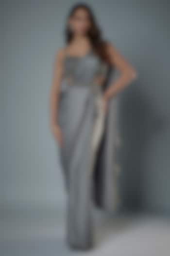 Grey Satin Beads Embroidered Saree Set by Kresha Lulla at Pernia's Pop Up Shop