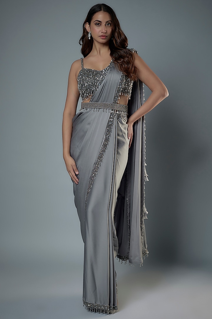 Grey Satin Beads Embroidered Saree Set by Kresha Lulla at Pernia's Pop Up Shop