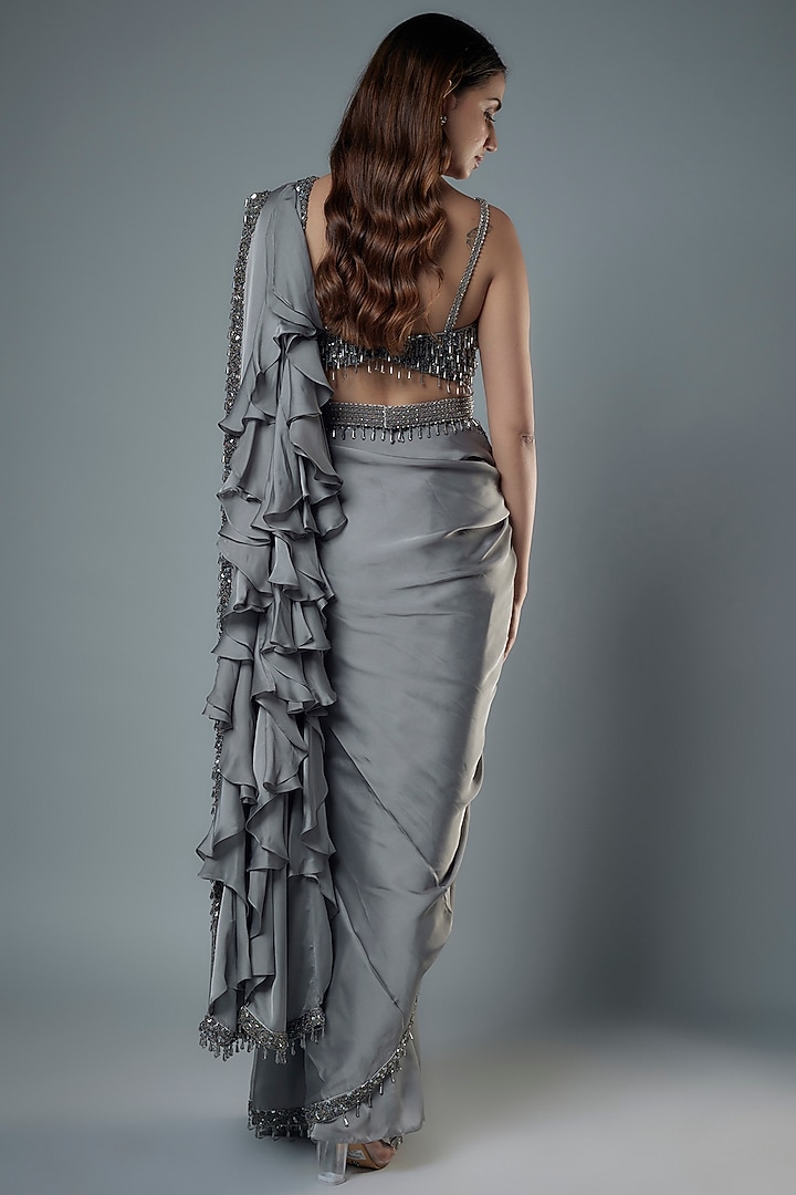 Grey Satin Beads Embroidered Reception Saree Set by Kresha Lulla at Pernia's Pop Up Shop