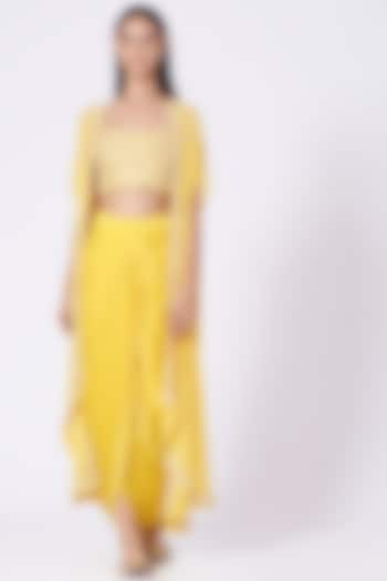 Yellow Cotton Satin Draped Dhoti Skirt Set by Kresha Lulla at Pernia's Pop Up Shop