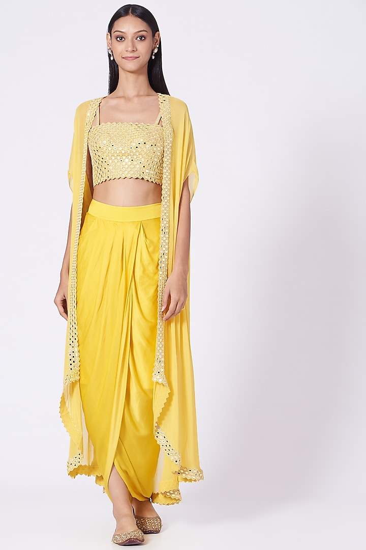 Yellow Cotton Satin Draped Dhoti Skirt Set With Jacket by Kresha Lulla