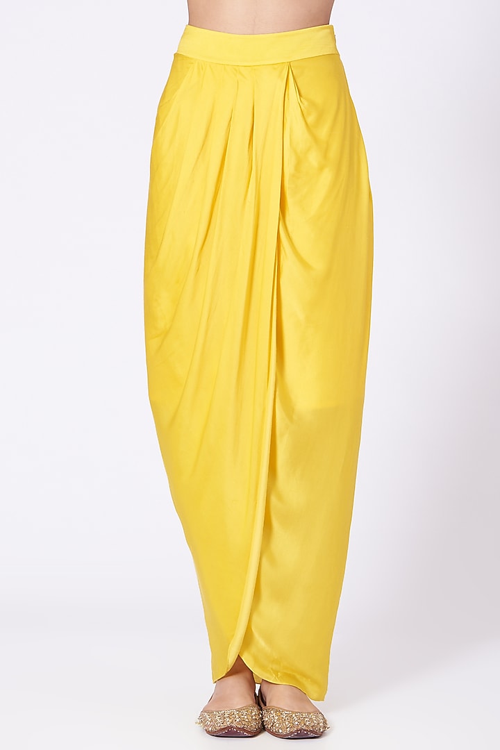 Yellow Cotton Satin Draped Dhoti Skirt Set by Kresha Lulla at Pernia's Pop Up Shop