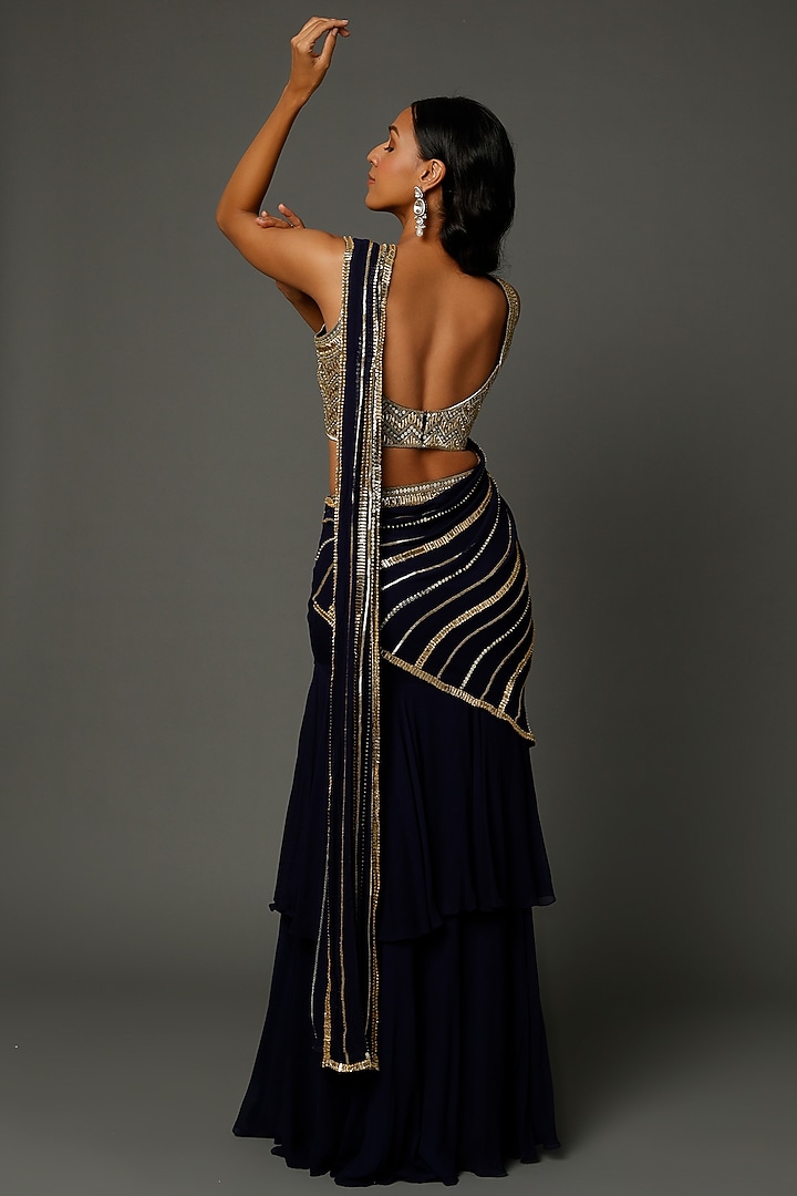 Midnight Blue Georgette Pre-Stitched Ruffled Wedding Saree Set by Kresha Lulla at Pernia's Pop Up Shop