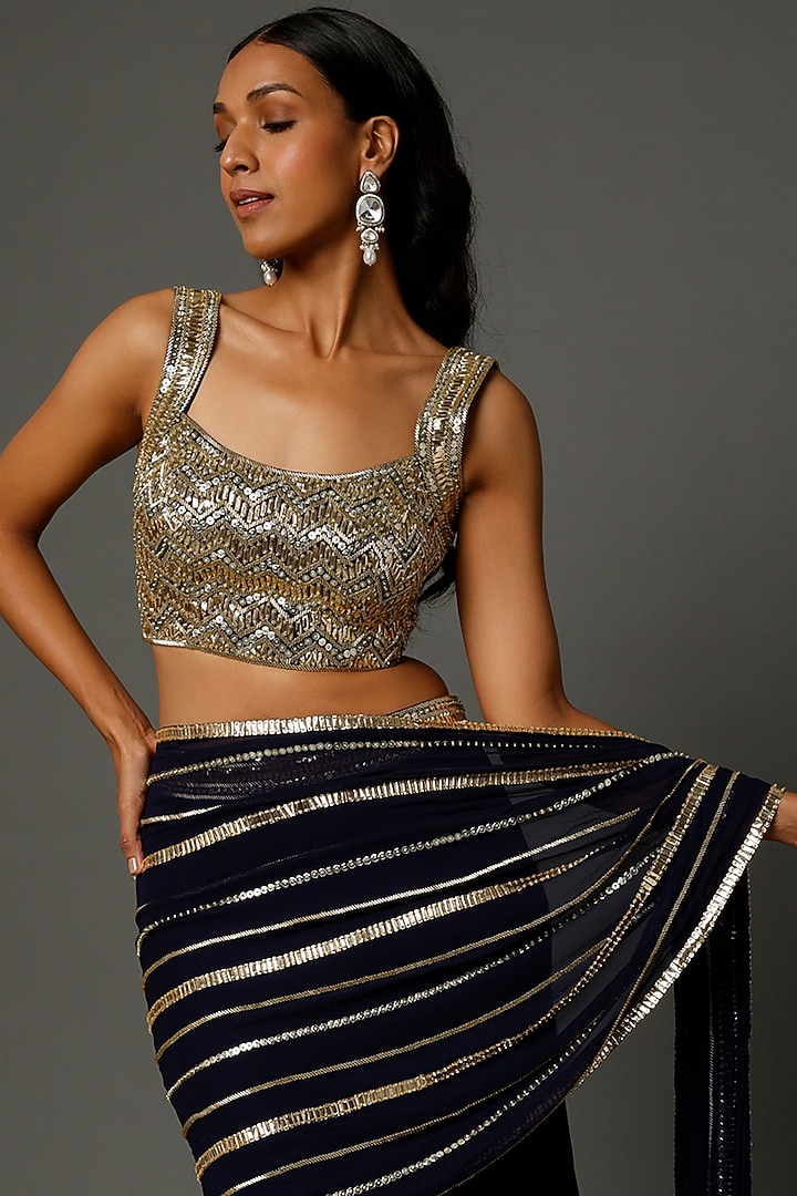 Midnight Blue Georgette Pre-Stitched Ruffled Wedding Saree Set by Kresha Lulla at Pernia's Pop Up Shop