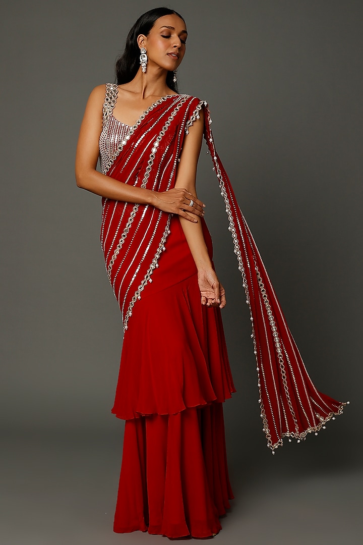 Red Georgette Mirror Embroidered Ruffled Saree Set by Kresha Lulla at Pernia's Pop Up Shop