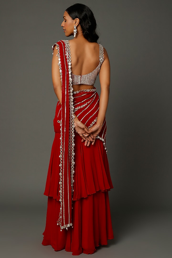 Red Georgette Mirror Embroidered Ruffled Wedding Saree Set by Kresha Lulla at Pernia's Pop Up Shop