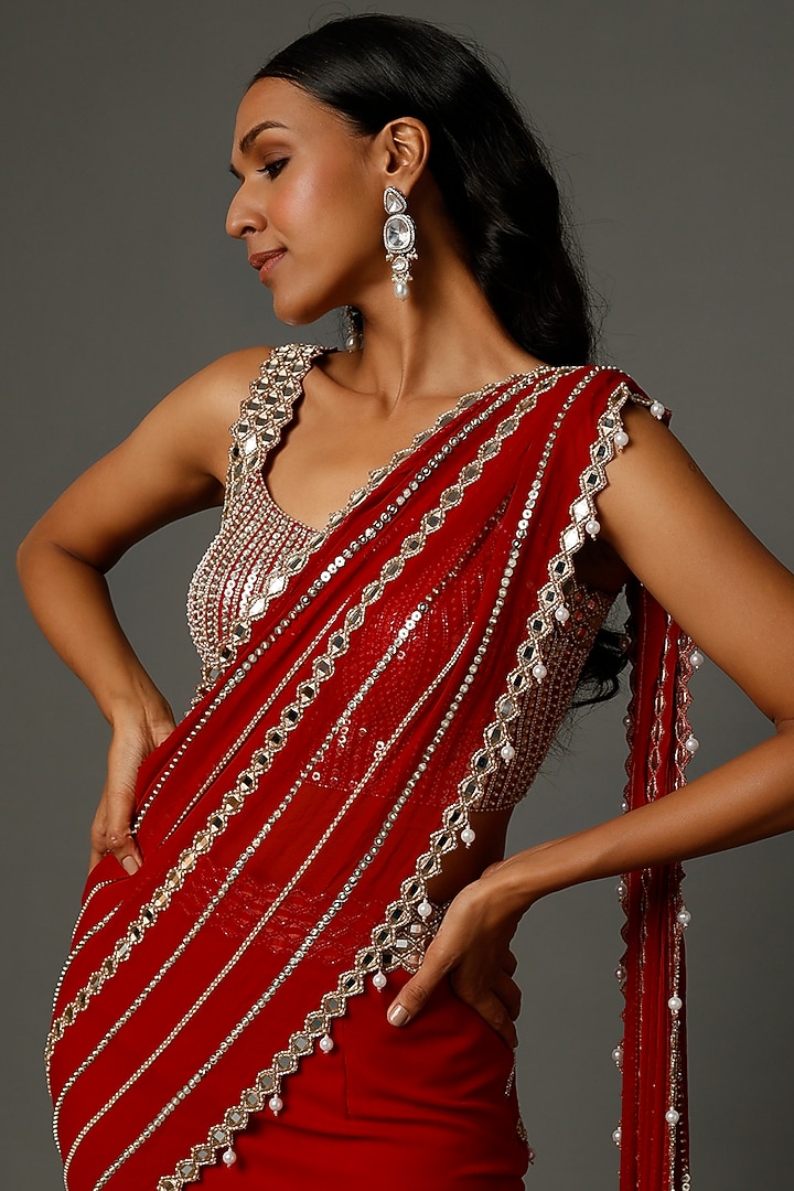 Red Georgette Mirror Embroidered Ruffled Wedding Saree Set by Kresha Lulla at Pernia's Pop Up Shop