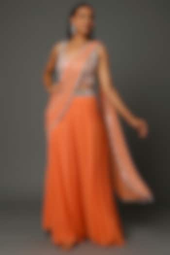 Orange Georgette & Raw Silk Saree Set by Kresha Lulla