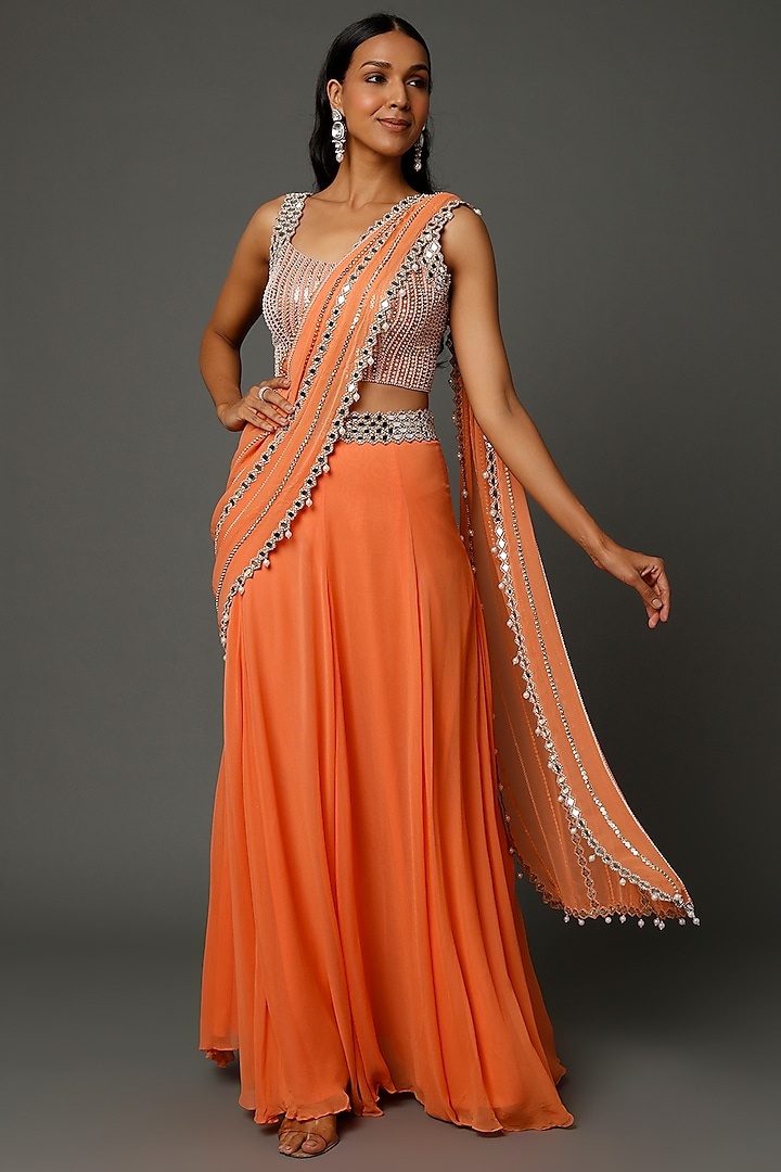 Orange Georgette & Raw Silk Saree Set by Kresha Lulla