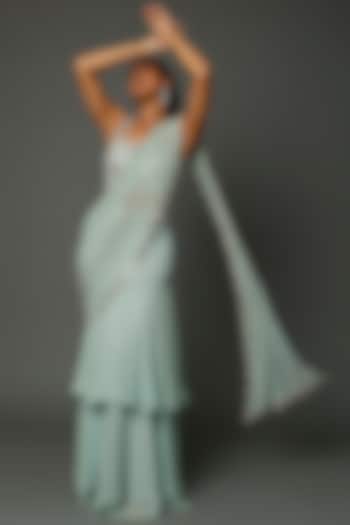 Sky Blue Georgette & Raw Silk Pre-Stitched Ruffled Saree Set by Kresha Lulla