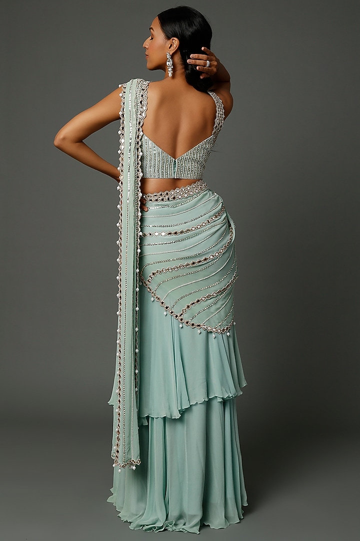 Sky Blue Georgette & Raw Silk Pre-Stitched Ruffled Wedding Saree Set by Kresha Lulla at Pernia's Pop Up Shop