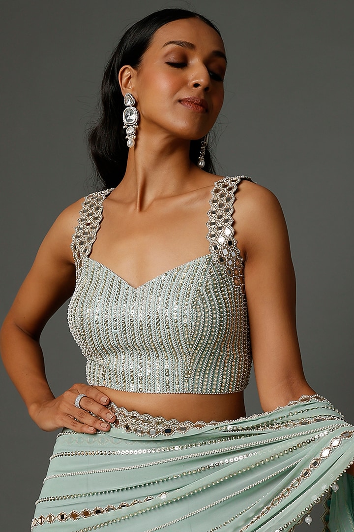 Sky Blue Georgette & Raw Silk Pre-Stitched Ruffled Wedding Saree Set by Kresha Lulla at Pernia's Pop Up Shop