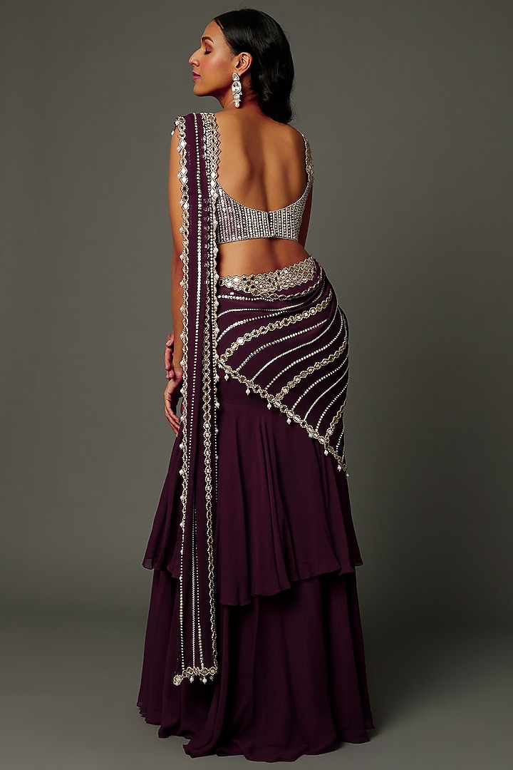 Wine Georgette Ruffled Wedding Saree Set by Kresha Lulla at Pernia's Pop Up Shop
