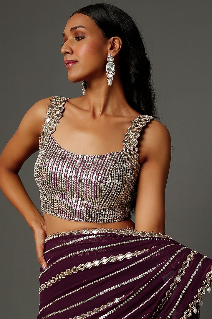 Wine Georgette Ruffled Wedding Saree Set by Kresha Lulla at Pernia's Pop Up Shop