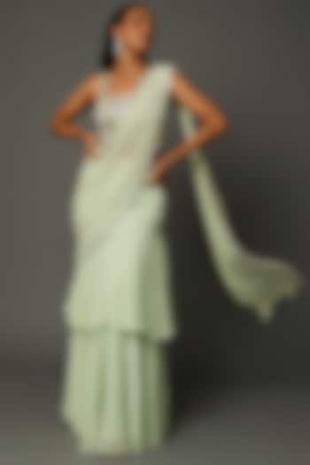 Mint Green Georgette Ruffled Saree Set by Kresha Lulla