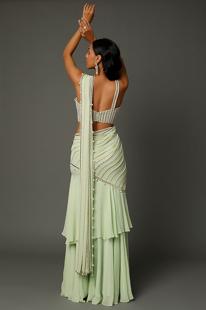 Mint Green Georgette Ruffled Wedding Saree Set by Kresha Lulla at Pernia's Pop Up Shop