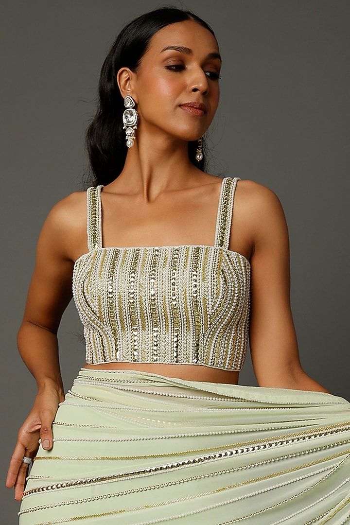 Mint Green Georgette Ruffled Wedding Saree Set by Kresha Lulla at Pernia's Pop Up Shop
