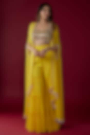 Yellow Georgette Pearl Embroidered Cape Set by Kresha Lulla at Pernia's Pop Up Shop