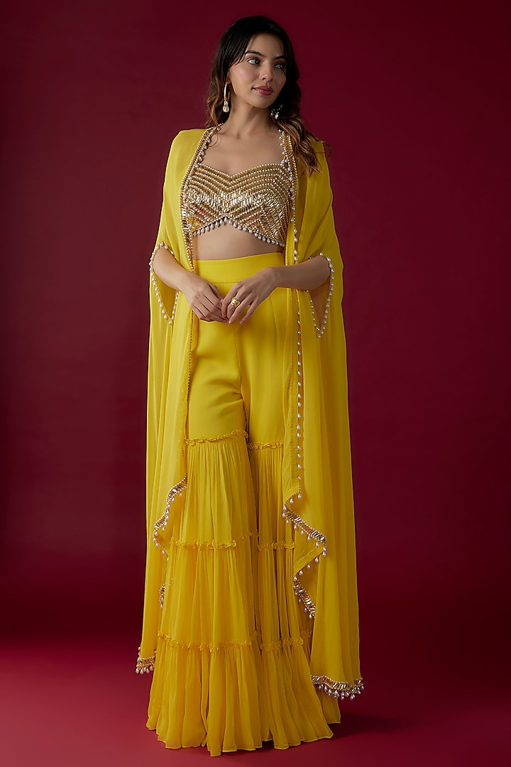 Yellow Georgette Pearl Embroidered Cape Set by Kresha Lulla at Pernia's Pop Up Shop