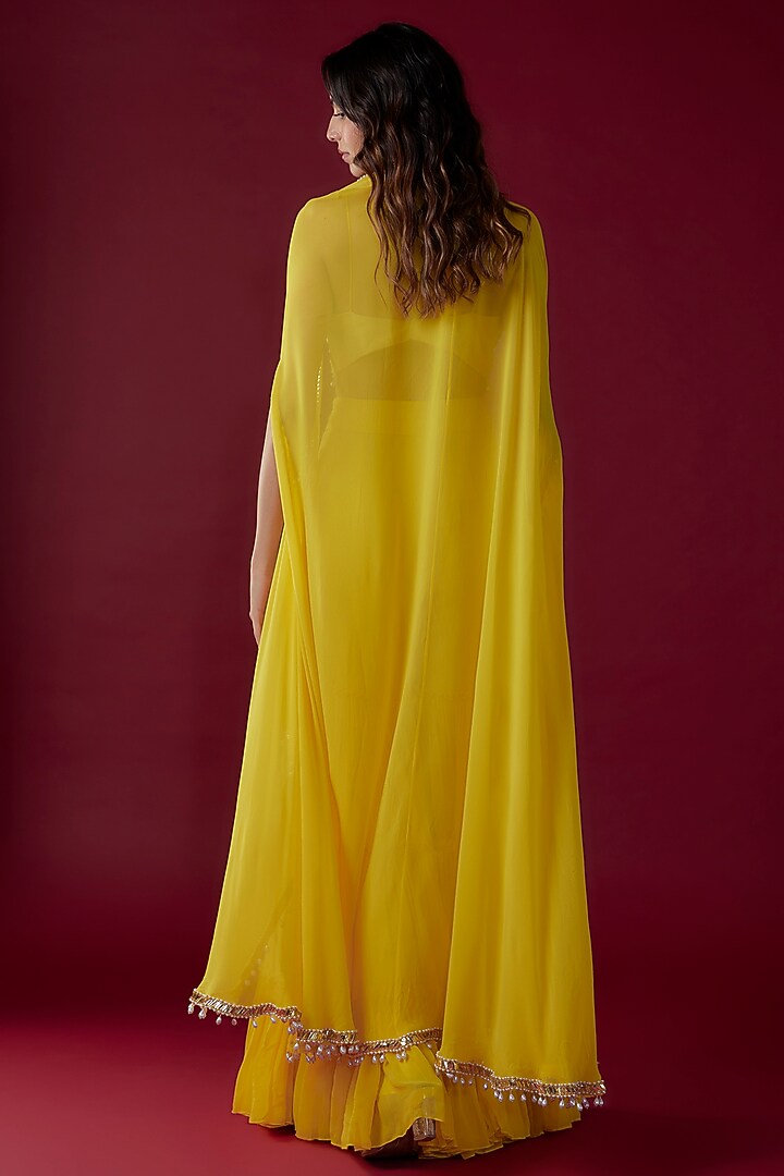 Yellow Georgette Pearl Embroidered Cape Set by Kresha Lulla at Pernia's Pop Up Shop