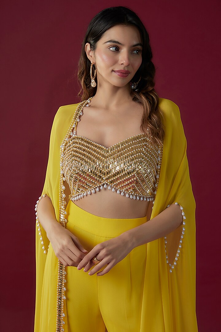 Yellow Georgette Pearl Embroidered Cape Set by Kresha Lulla at Pernia's Pop Up Shop