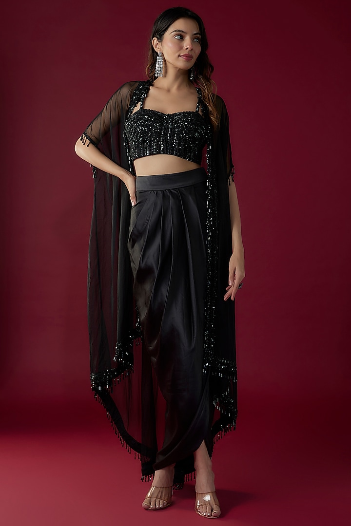 Black Organza Sequins Embroidered Cape Set by Kresha Lulla at Pernia's Pop Up Shop