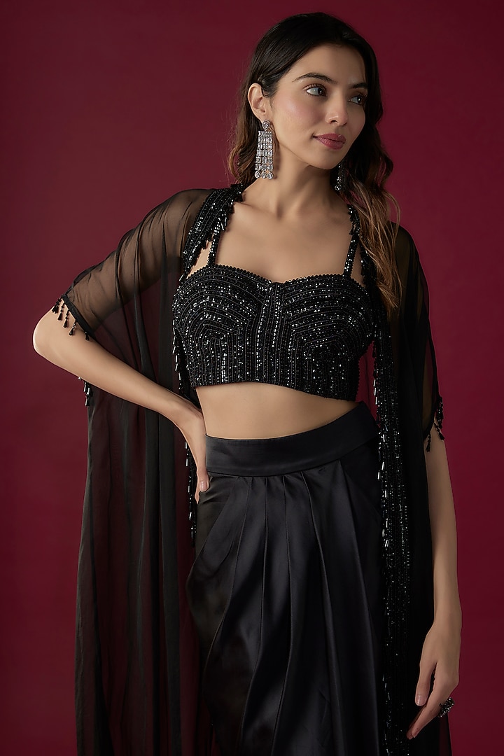 Black Organza Sequins Embroidered Cape Set by Kresha Lulla at Pernia's Pop Up Shop