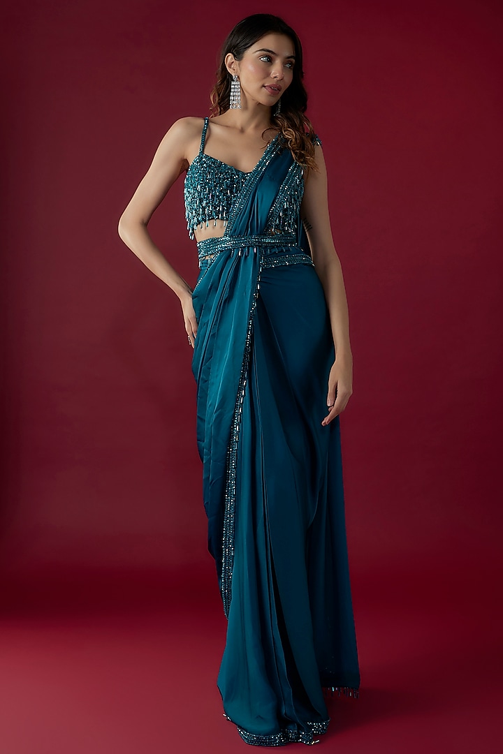 Teal Blue Satin Sequins Embroidered Pre-Stitched Saree Set by Kresha Lulla at Pernia's Pop Up Shop